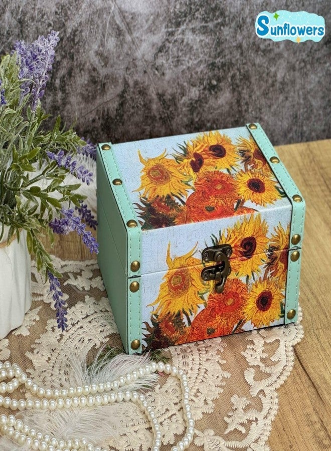 Amedoo Treasure Box Vintage Wooden + PU Leather Decorative Storage Boxes Trinket Jewelry Box Memento Case Box Keepsake Box With Lids Gifts For Kids Girls Women Home Decor (Sunflowers) - Image 2